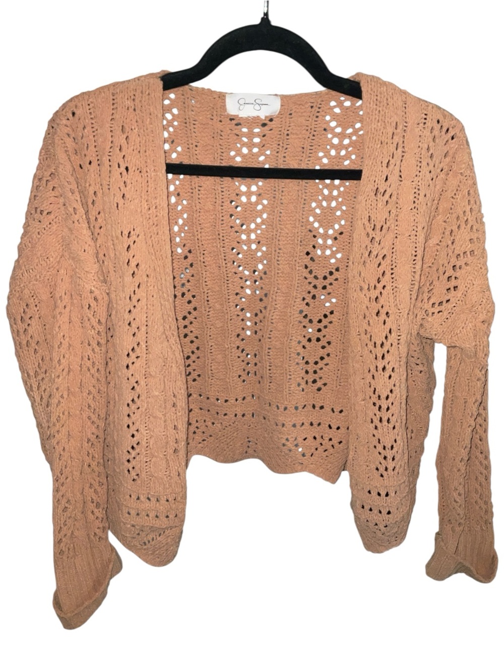 Jessica Simpson Open Knit L Cardigan Women’s Tan Brown Crochet Cable Boho A34 - Picture 2 of 5